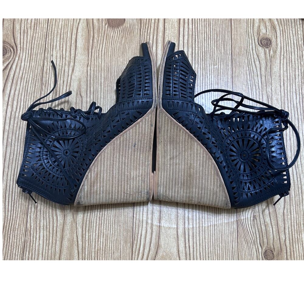 Jeffrey Campbell Black Leather Laser Cut Lace-Up Wedge Sandals 9.5 Boho Festival - Picture 7 of 9